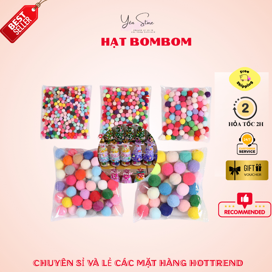 Hạt Bom Bom, Hạt Bông Mix Màu, Nhiều Kích Thước Dùng Trang Trí Cây Thông Giáng Sinh-YÊN STORE DIY